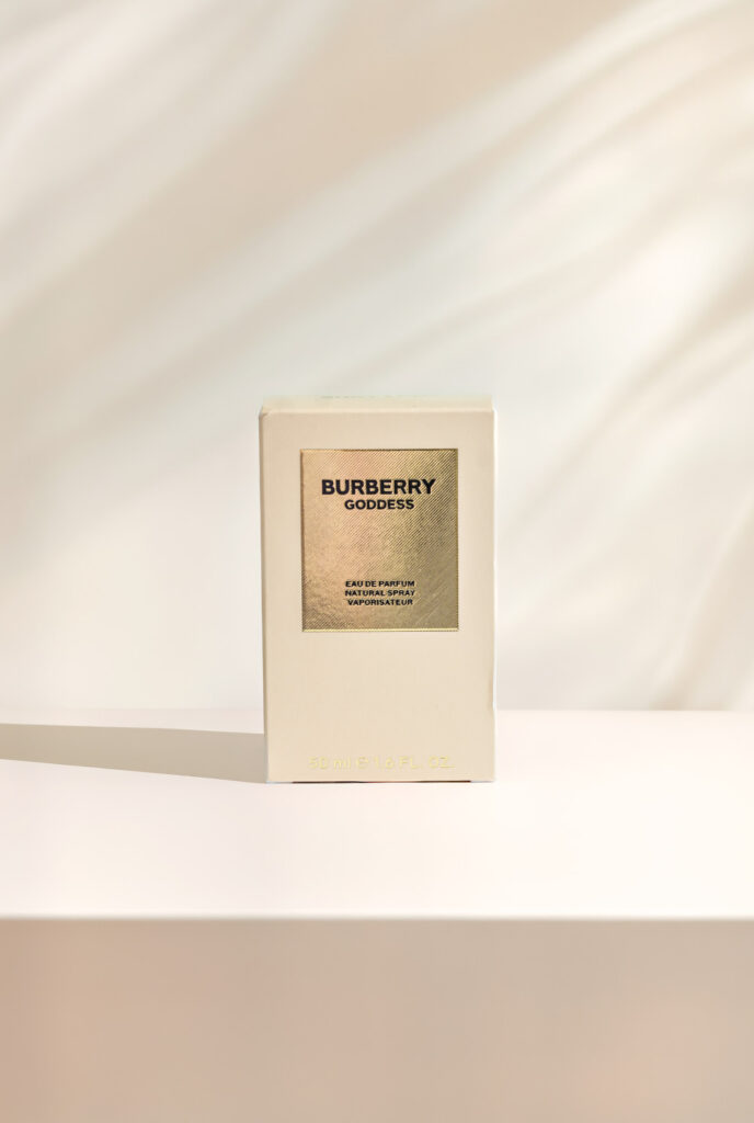 Burberry goddess perfume boxed in natural studio lighting product photo