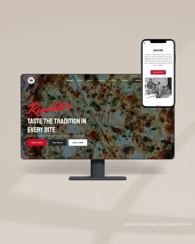 Rinaldo's Pizza website redesign by Elevate Media shown on desktop and mobile